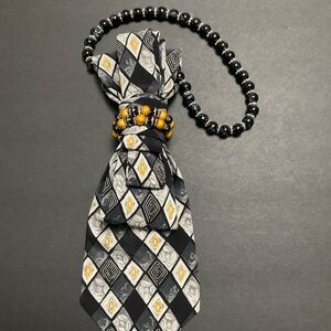 Handcrafted Necktie Necklace with Beaded Black and Gold Accent and Necklace